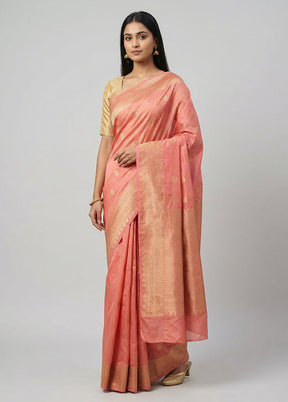 Pink Handloom Kanjivaram Pure Silk Saree With Blouse Piece