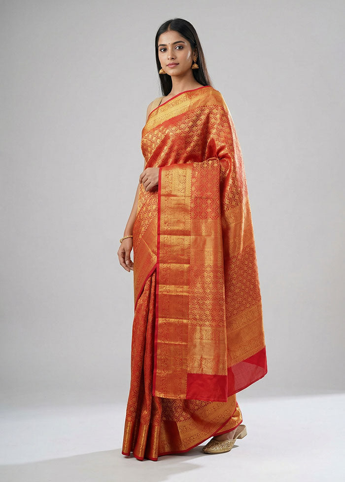 Red Handloom Kanchipuram Pure Silk Saree With Blouse Piece