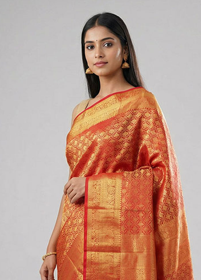 Red Handloom Kanchipuram Pure Silk Saree With Blouse Piece