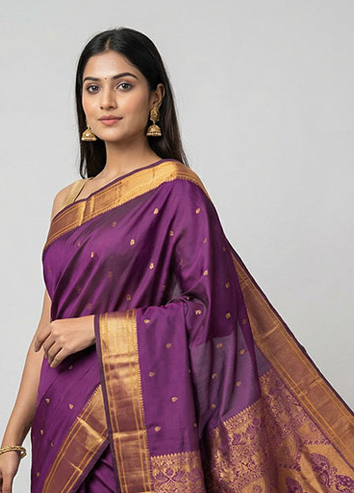 Purple Kanjivaram Silk Saree With Blouse Piece