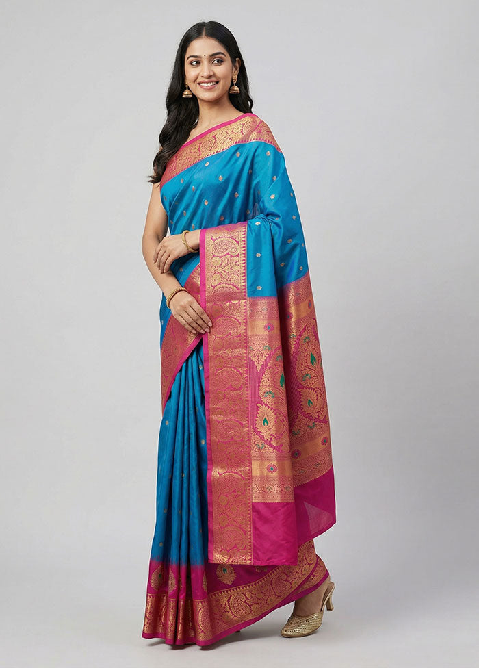 Blue Kanjivaram Silk Saree With Blouse Piece