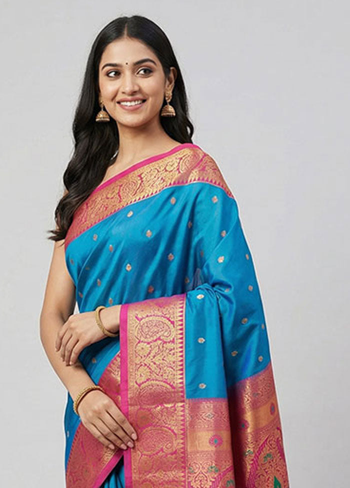 Blue Kanjivaram Silk Saree With Blouse Piece