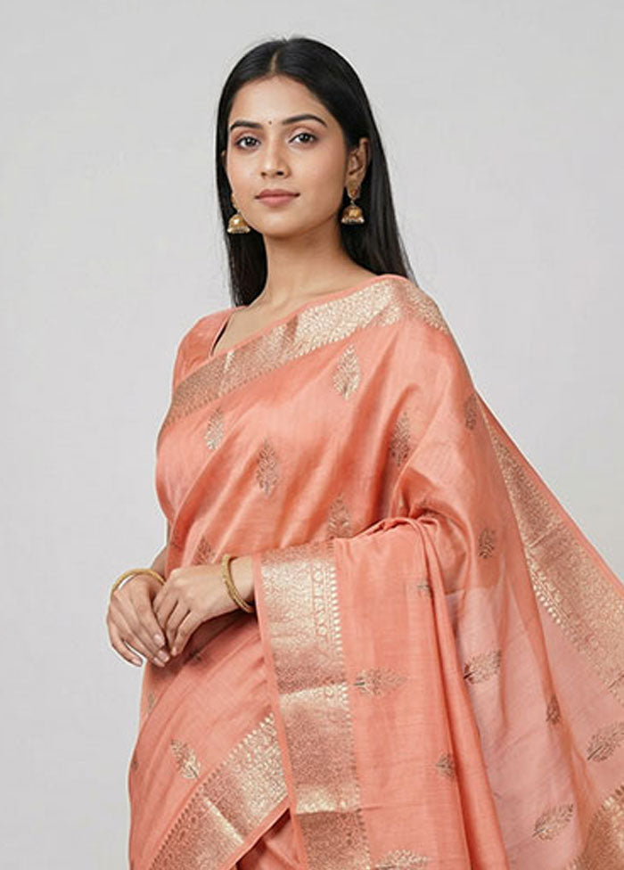 Peach Dupion Silk Saree With Blouse Piece