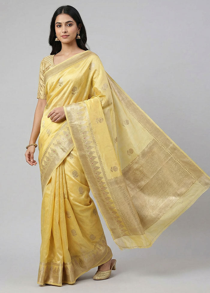Yellow Dupion Silk Saree With Blouse Piece