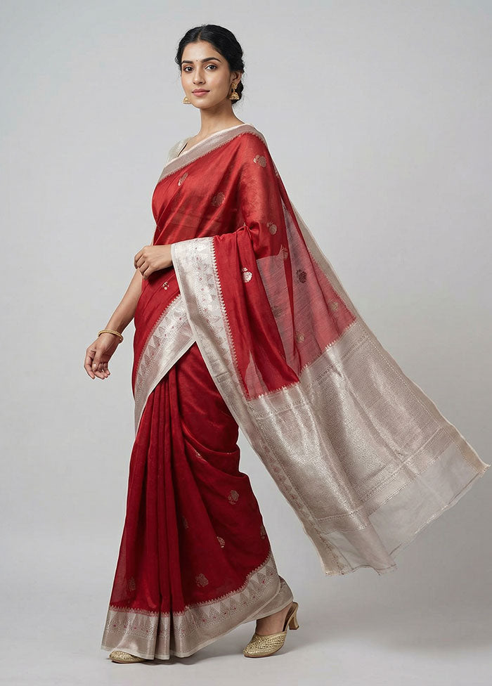 Red Handloom Dupion Silk Saree With Blouse Piece