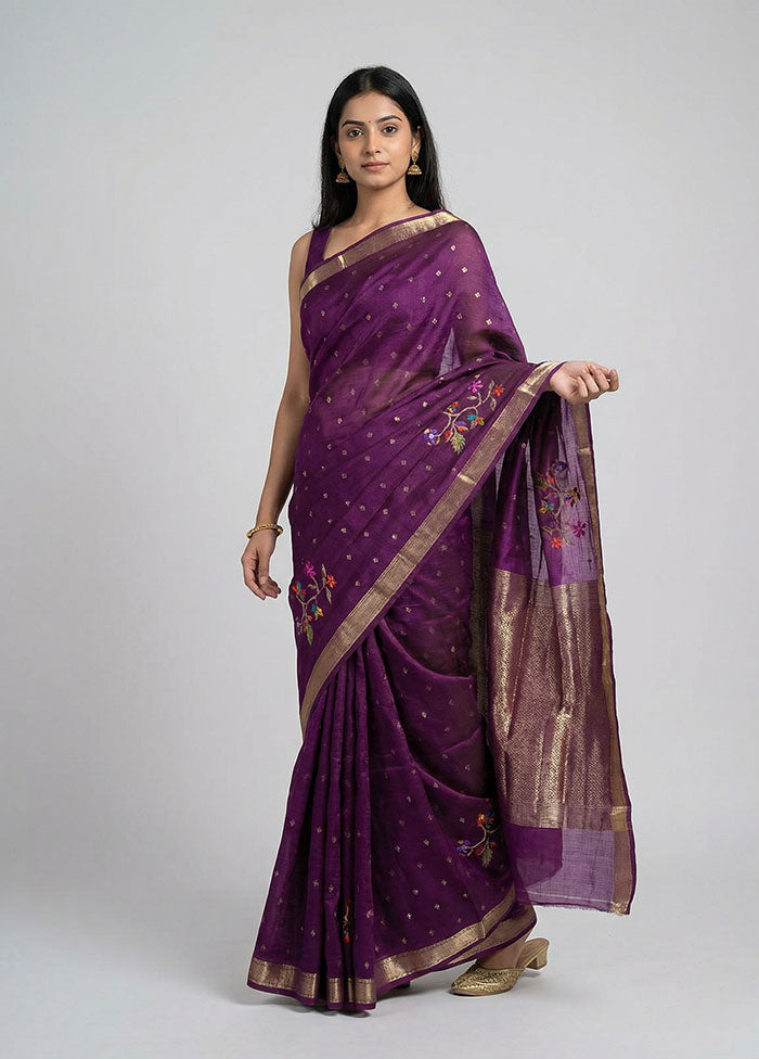 Purple Handloom Dupion Pure Silk Saree With Blouse Piece