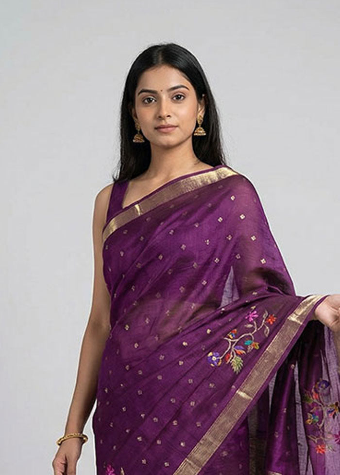 Purple Handloom Dupion Pure Silk Saree With Blouse Piece