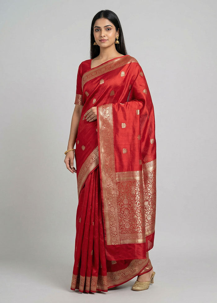 Red Handloom Dupion Pure Silk Saree With Blouse Piece