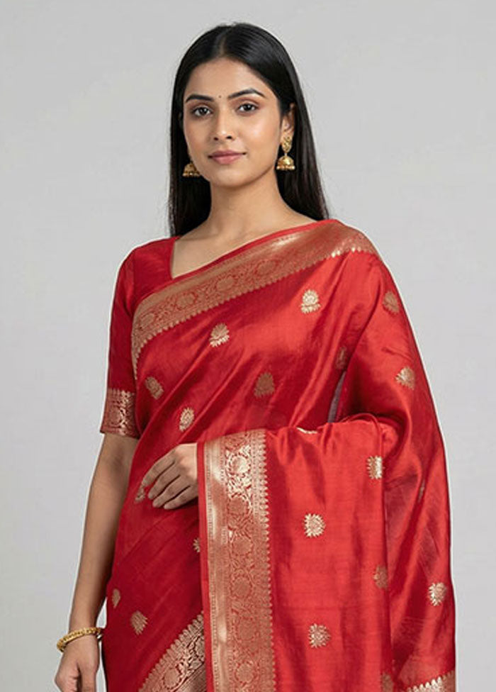 Red Handloom Dupion Pure Silk Saree With Blouse Piece