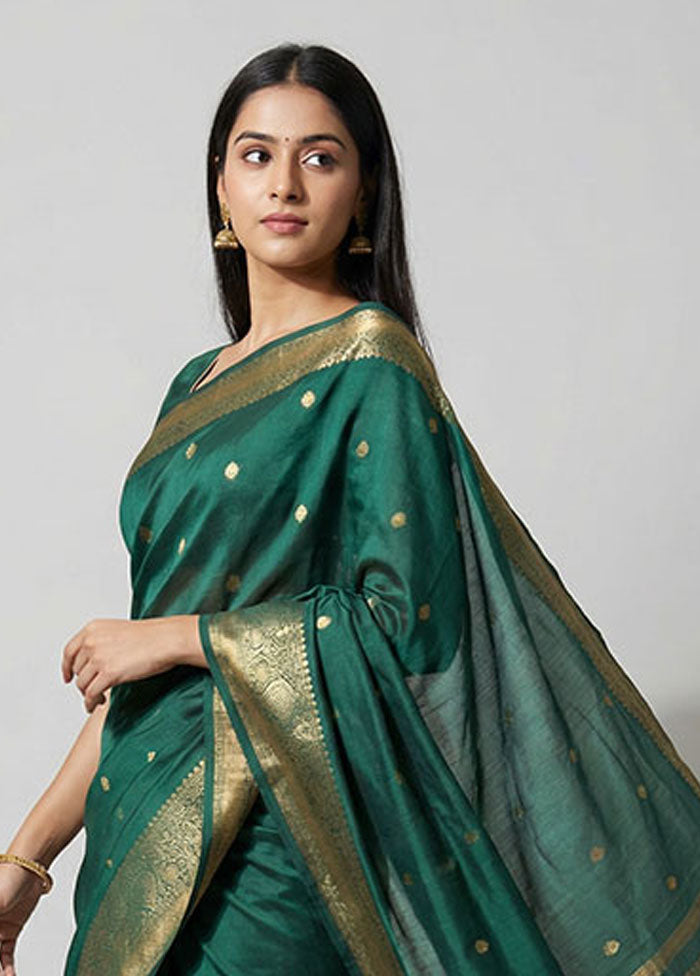 Green Handloom Kanjivaram Pure Silk Saree With Blouse Piece