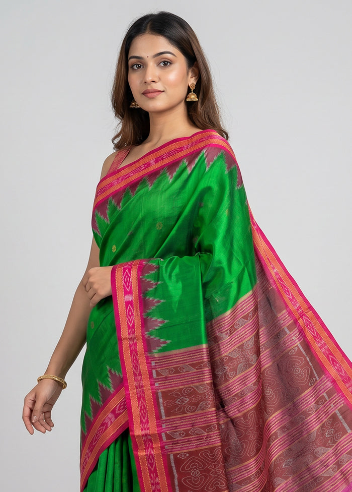 Green Handloom Patola Pure Silk Saree With Blouse Piece