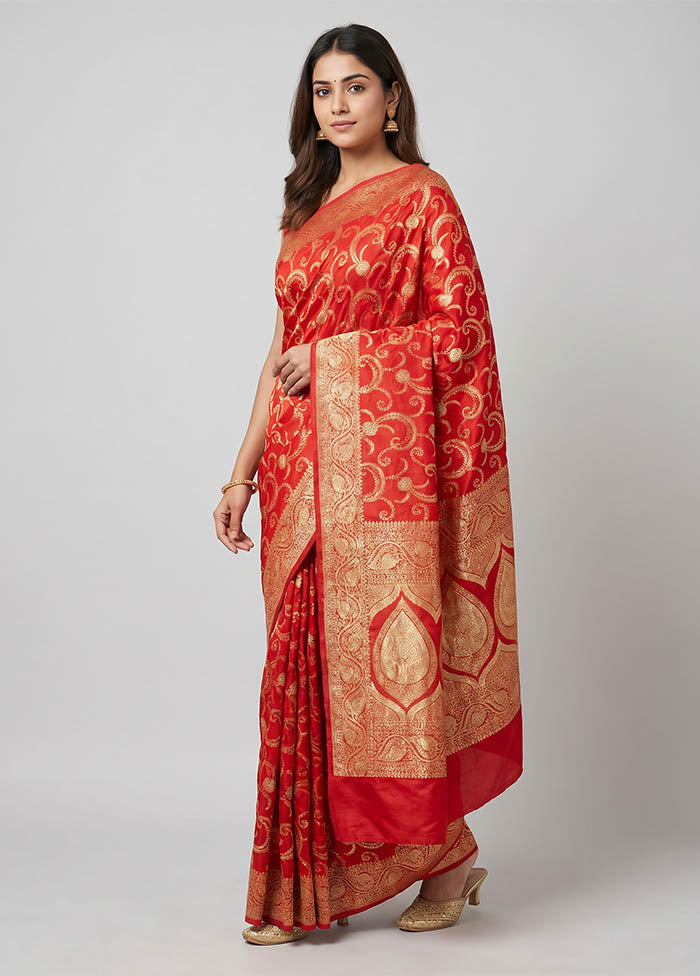 Red Banarasi Silk Saree With Blouse Piece