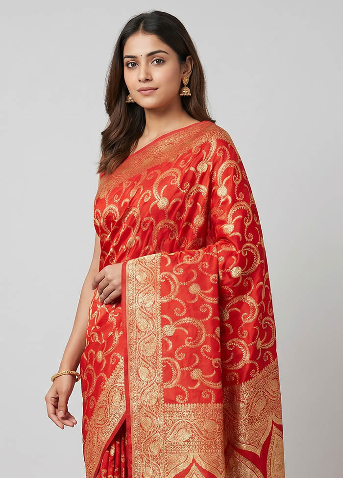 Red Banarasi Silk Saree With Blouse Piece