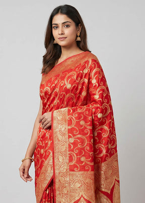 Red Banarasi Silk Saree With Blouse Piece