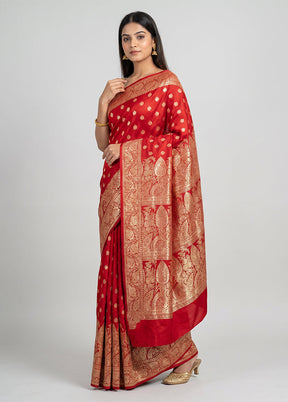 Red Banarasi Silk Saree With Blouse Piece