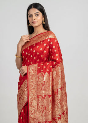 Red Banarasi Silk Saree With Blouse Piece