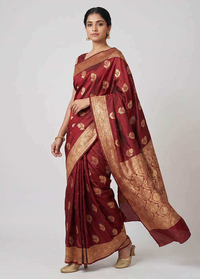 Maroon Banarasi Silk Saree With Blouse Piece