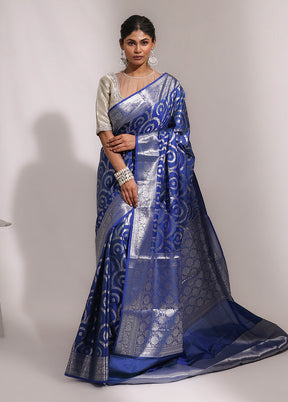 Blue Dupion Silk Saree With Blouse Piece