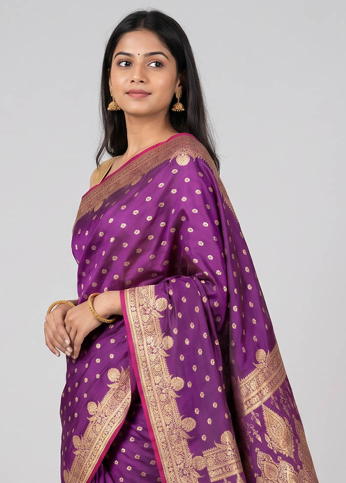 Purple Banarasi Silk Saree With Blouse Piece