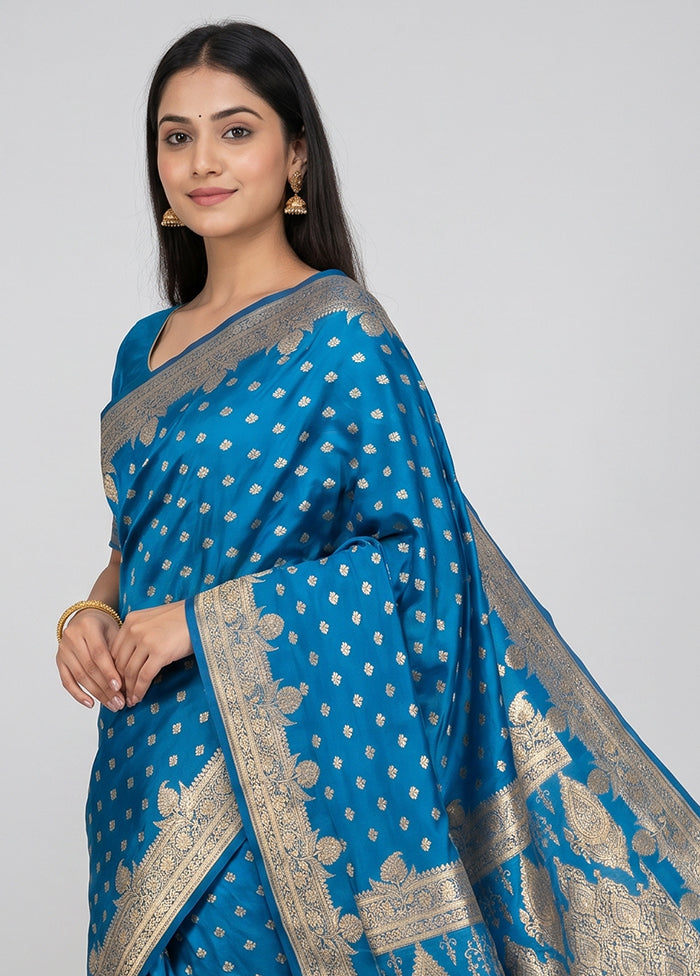 Blue Banarasi Silk Saree With Blouse Piece