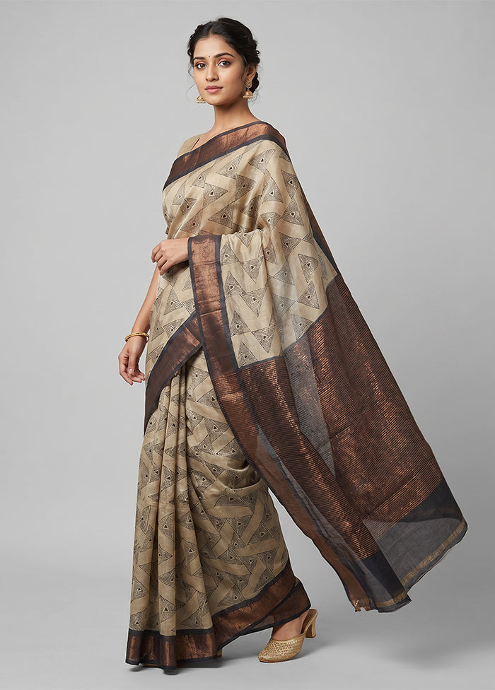 Cream Handloom Tussar Pure Silk Saree With Blouse Piece