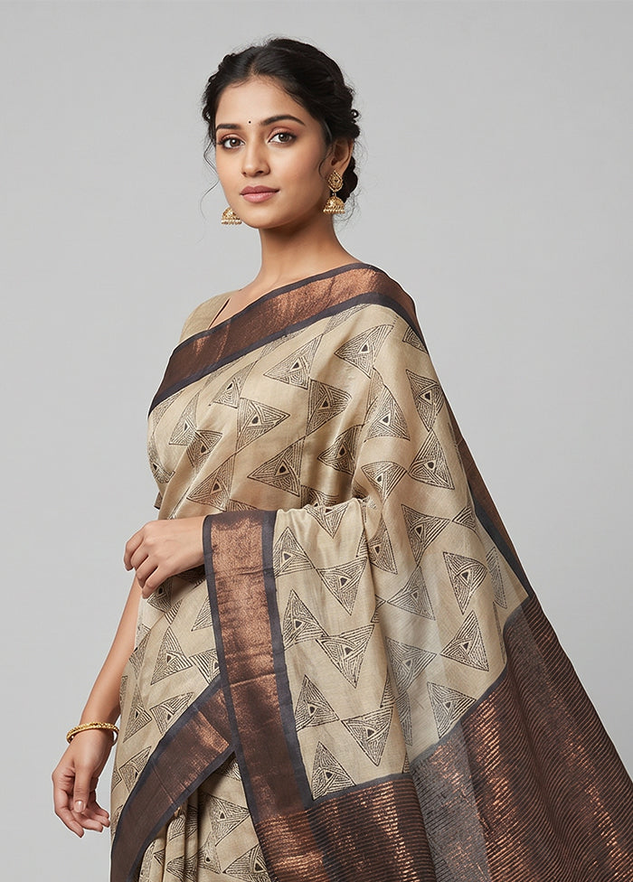 Cream Handloom Tussar Pure Silk Saree With Blouse Piece