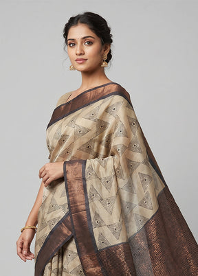 Cream Handloom Tussar Pure Silk Saree With Blouse Piece