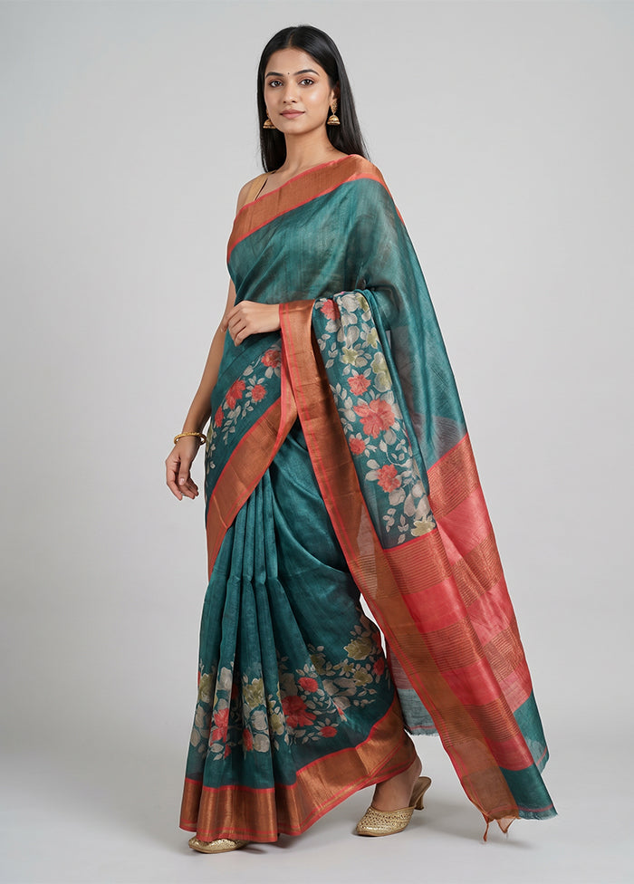 Green Handloom Tussar Pure Silk Saree With Blouse Piece