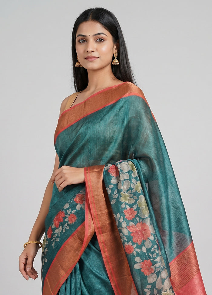 Green Handloom Tussar Pure Silk Saree With Blouse Piece