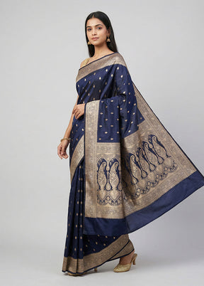 Blue Banarasi Silk Saree With Blouse Piece