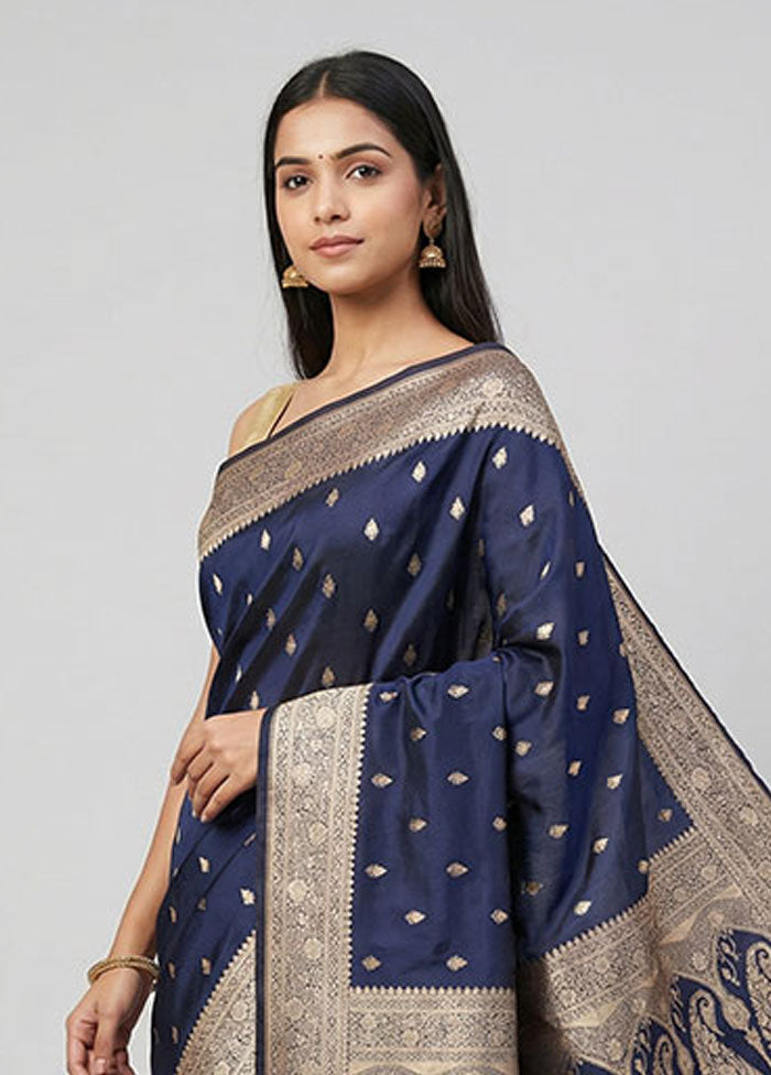 Blue Banarasi Silk Saree With Blouse Piece