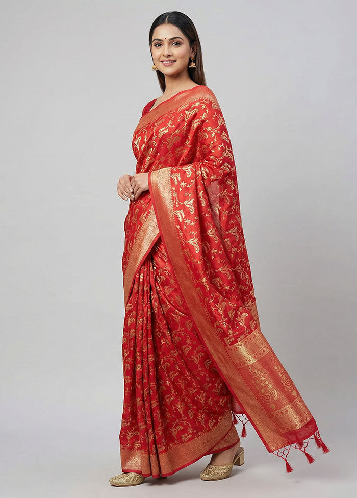 Red Dupion Silk Saree With Blouse Piece