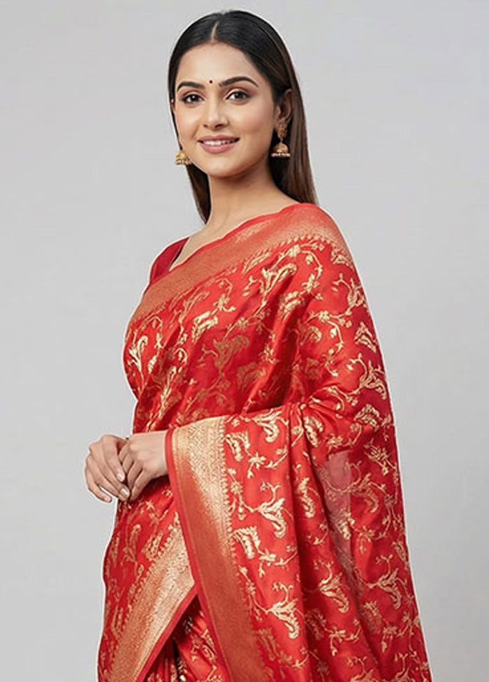 Red Dupion Silk Saree With Blouse Piece