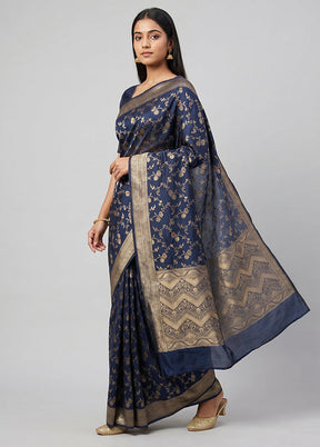 Blue Dupion Silk Saree With Blouse Piece