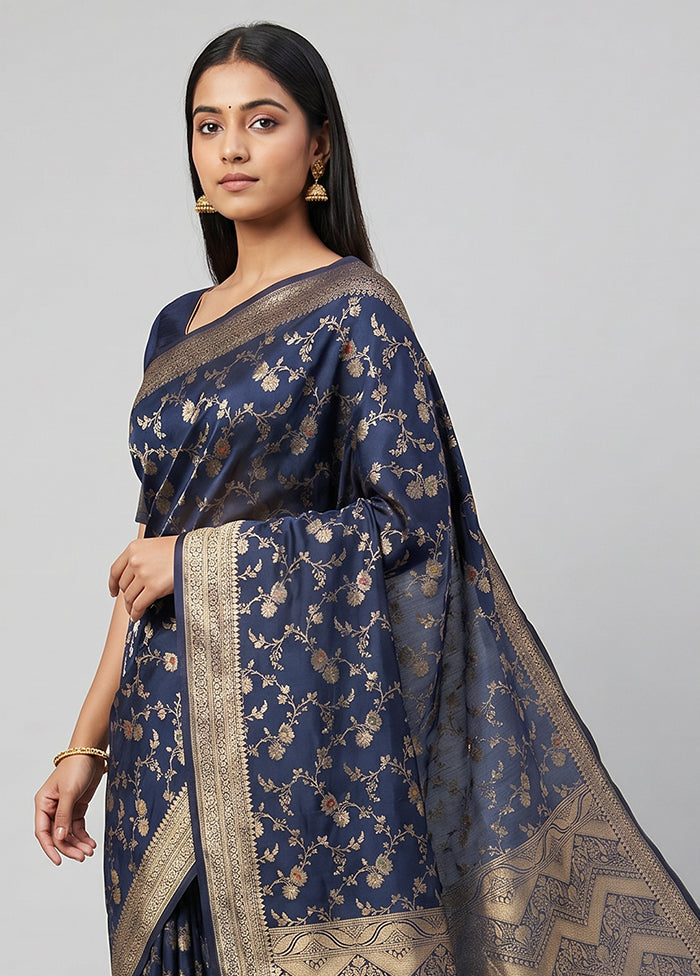 Blue Dupion Silk Saree With Blouse Piece