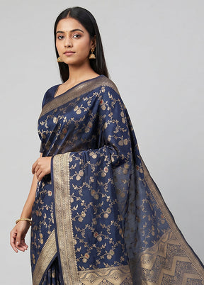 Blue Dupion Silk Saree With Blouse Piece