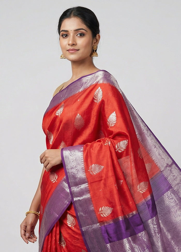 Red Handloom Dupion Pure Silk Saree With Blouse Piece