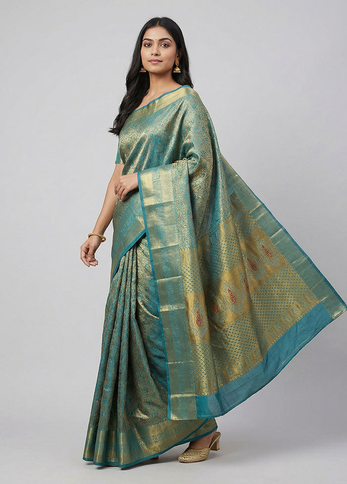 Blue Handloom Kanchipuram Pure Silk Saree With Blouse Piece