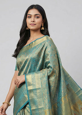 Blue Handloom Kanchipuram Pure Silk Saree With Blouse Piece