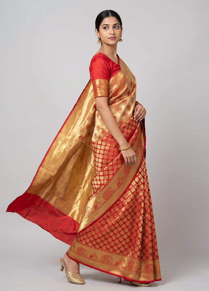 Red Handloom Kanchipuram Pure Silk Saree With Blouse Piece