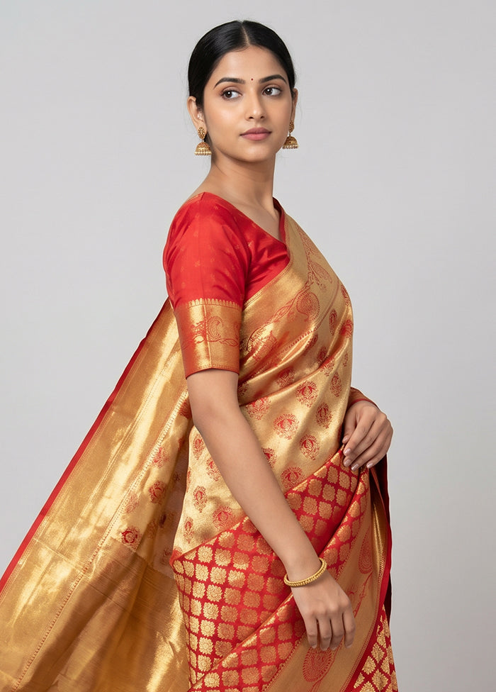 Red Handloom Kanchipuram Pure Silk Saree With Blouse Piece