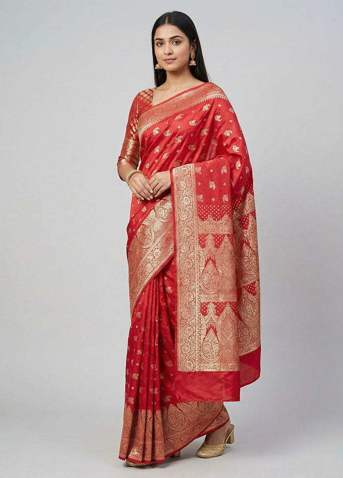 Red Banarasi Silk Saree With Blouse Piece