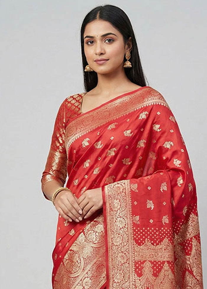 Red Banarasi Silk Saree With Blouse Piece