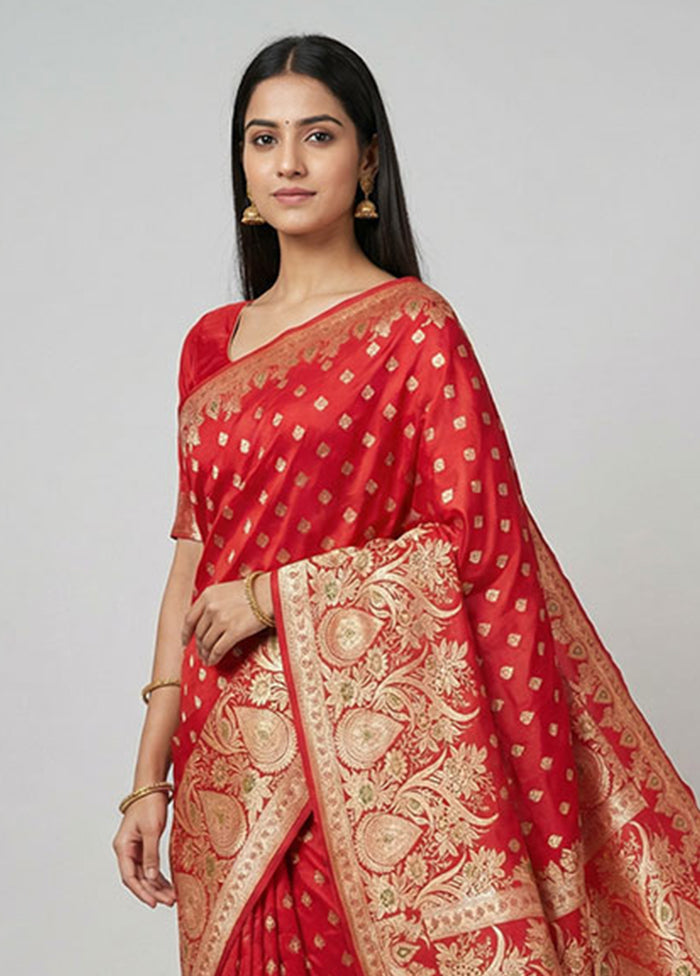 Red Banarasi Silk Saree With Blouse Piece