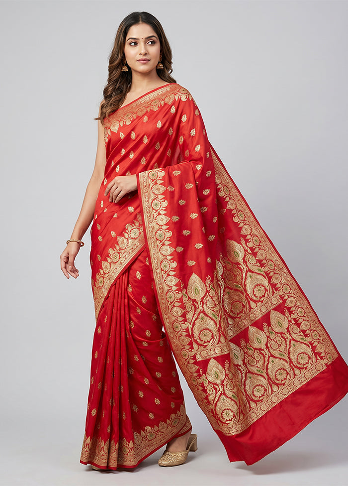Red Banarasi Silk Saree With Blouse Piece