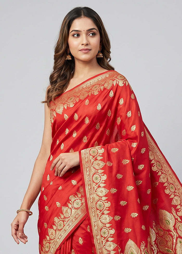 Red Banarasi Silk Saree With Blouse Piece