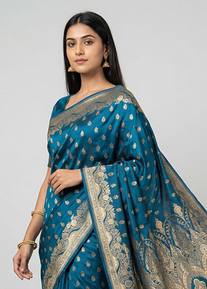 Blue Banarasi Silk Saree With Blouse Piece