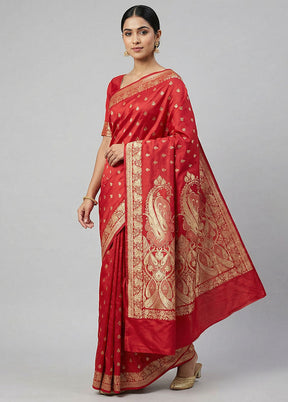 Red Banarasi Silk Saree With Blouse Piece