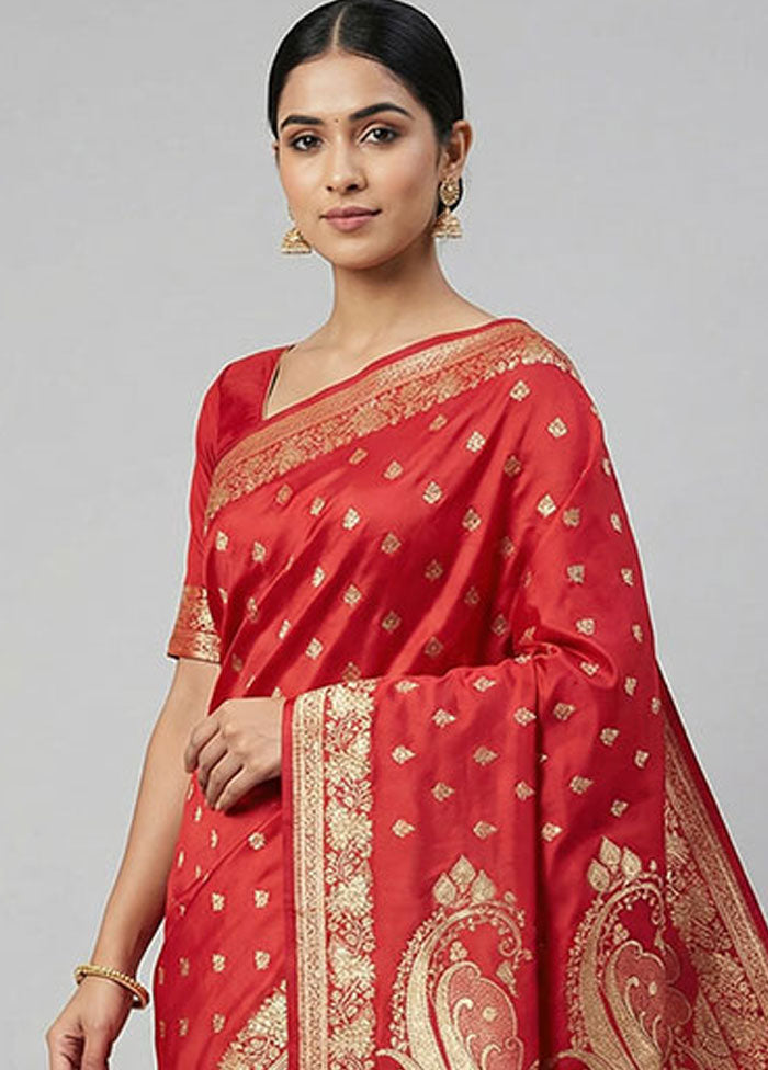 Red Banarasi Silk Saree With Blouse Piece
