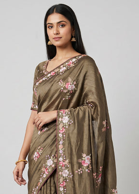 Cream Tussar Silk Saree With Blouse Piece